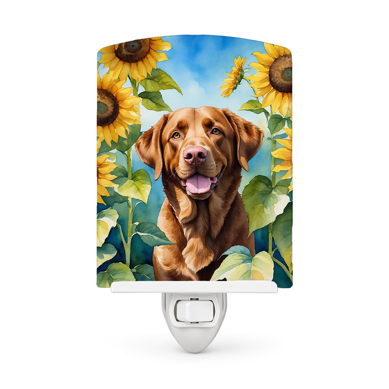 Chesapeake Bay Retriever in Sunflowers Ceramic Night Light Compact, UL-Certified, Ideal for Bedroom, Bathroom, Nursery, Hallway, Kitchen, 6x4x3, Multicolor