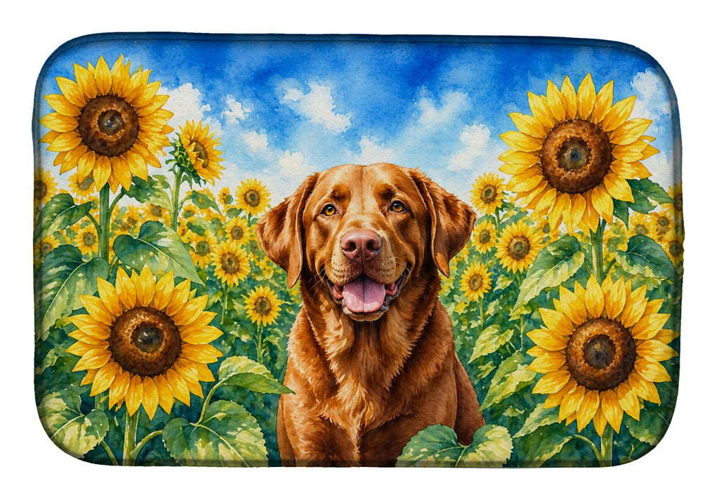 Chesapeake Bay Retriever in Sunflowers Dish Drying Mat Absorbent Dish Drying Mat Pad for Kitchen Counter Dish Drainer Mat for Countertop, 14 x 21", Multicolor
