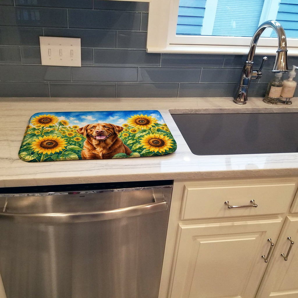 Chesapeake Bay Retriever in Sunflowers Dish Drying Mat Absorbent Dish Drying Mat Pad for Kitchen Counter Dish Drainer Mat for Countertop, 14 x 21", Multicolor