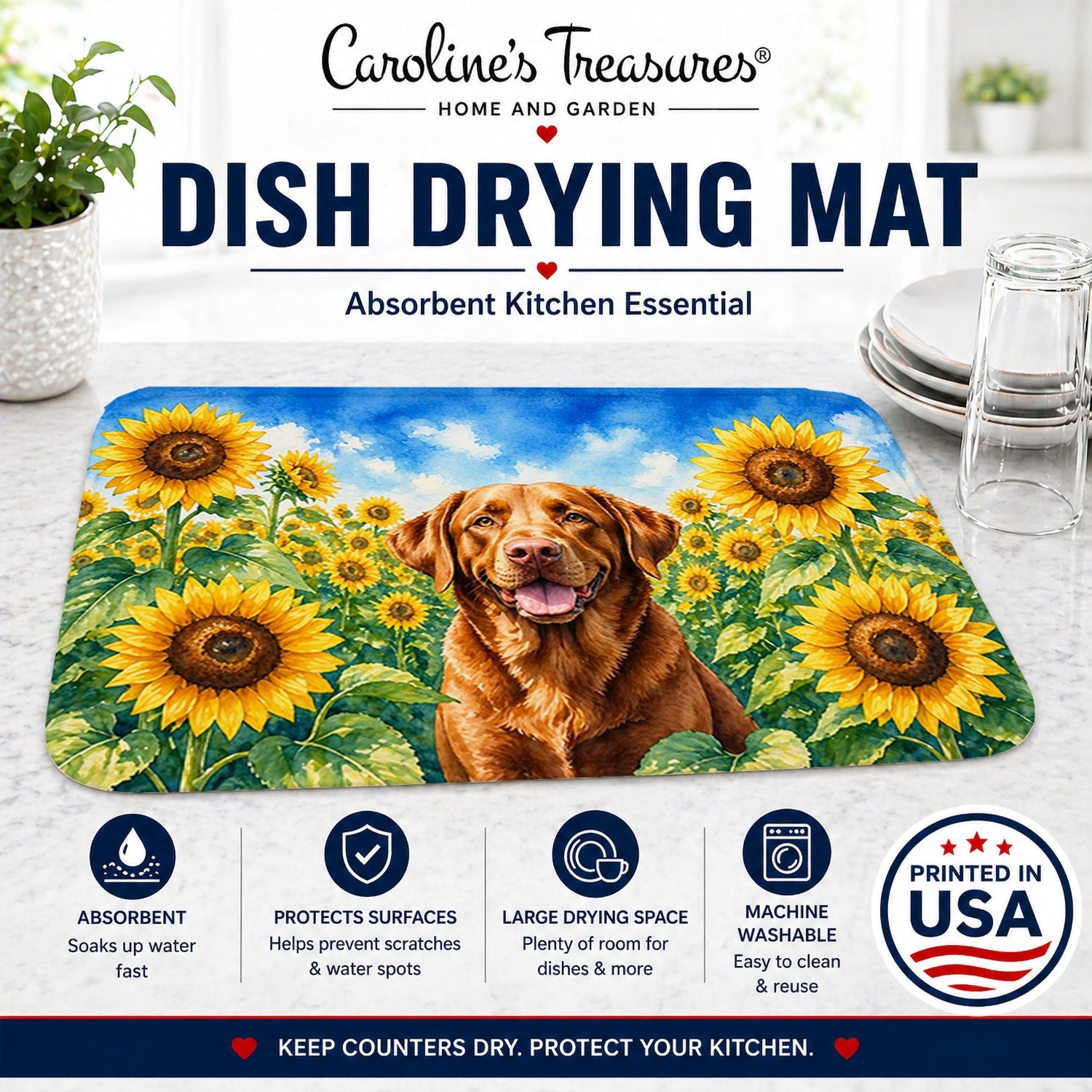 Chesapeake Bay Retriever in Sunflowers Dish Drying Mat Absorbent Dish Drying Mat Pad for Kitchen Counter Dish Drainer Mat for Countertop, 14 x 21", Multicolor
