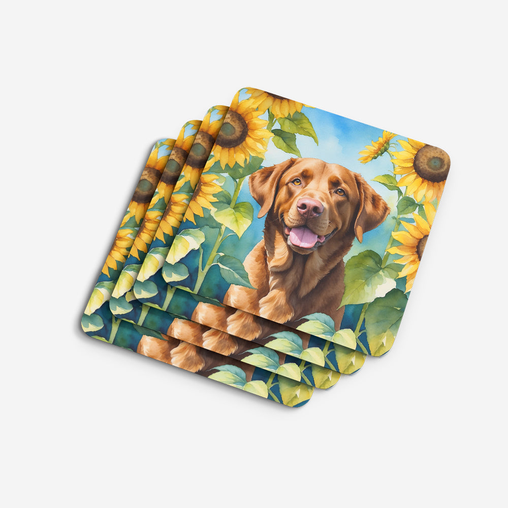 Chesapeake Bay Retriever in Sunflowers Foam Coasters Set of 4 Cup Coasters for Indoor Outdoor, Tabletop Protection, Anti Slip, Mouse pad Material