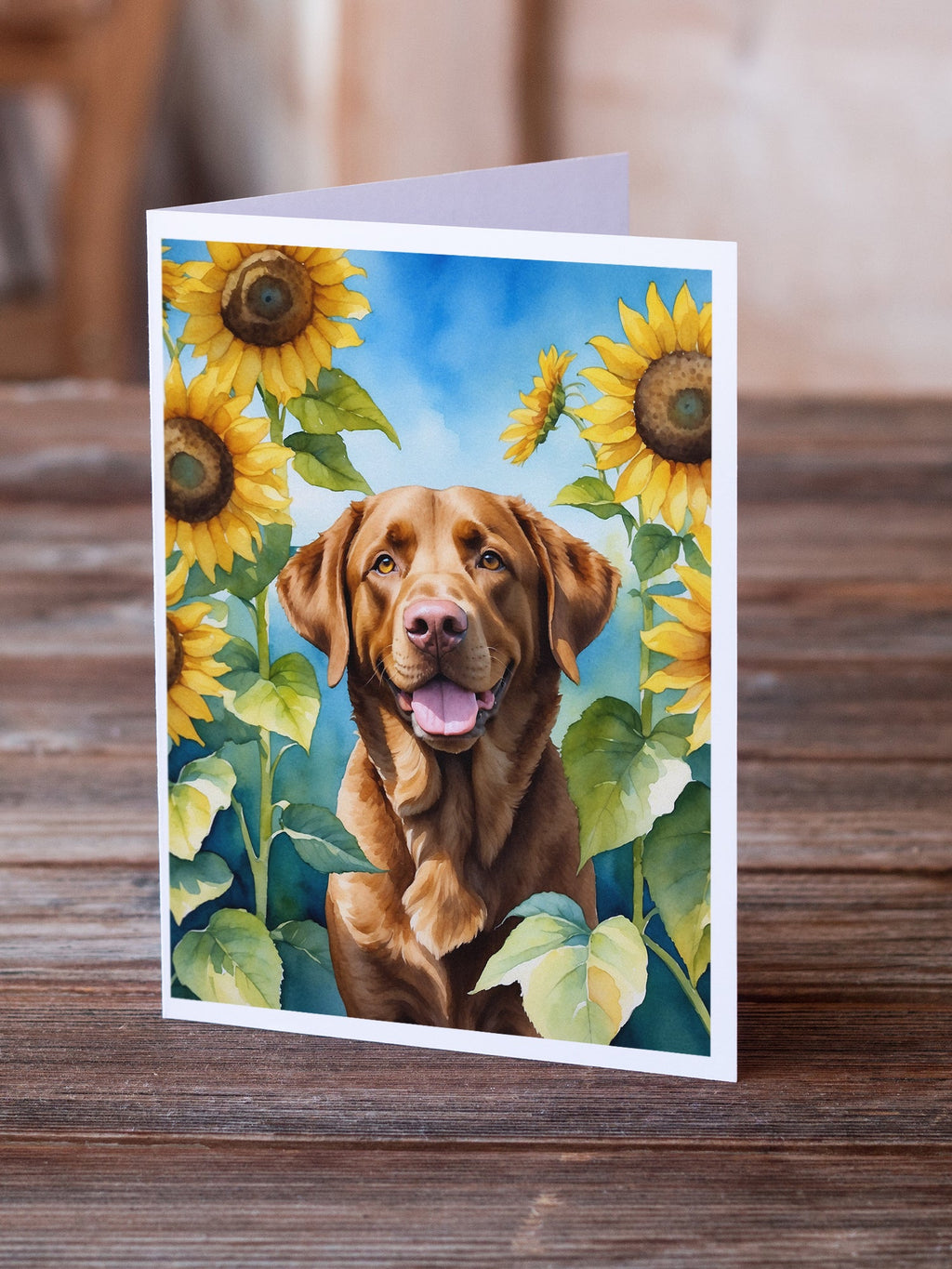 Chesapeake Bay Retriever in Sunflowers Greeting Cards Pack of 8 Blank Cards with Envelopes Whimsical A7 Size 5x7