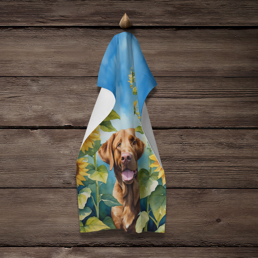 Chesapeake Bay Retriever in Sunflowers Kitchen Towel Velour Plush Front and Cotton Loop Back Machine Washable