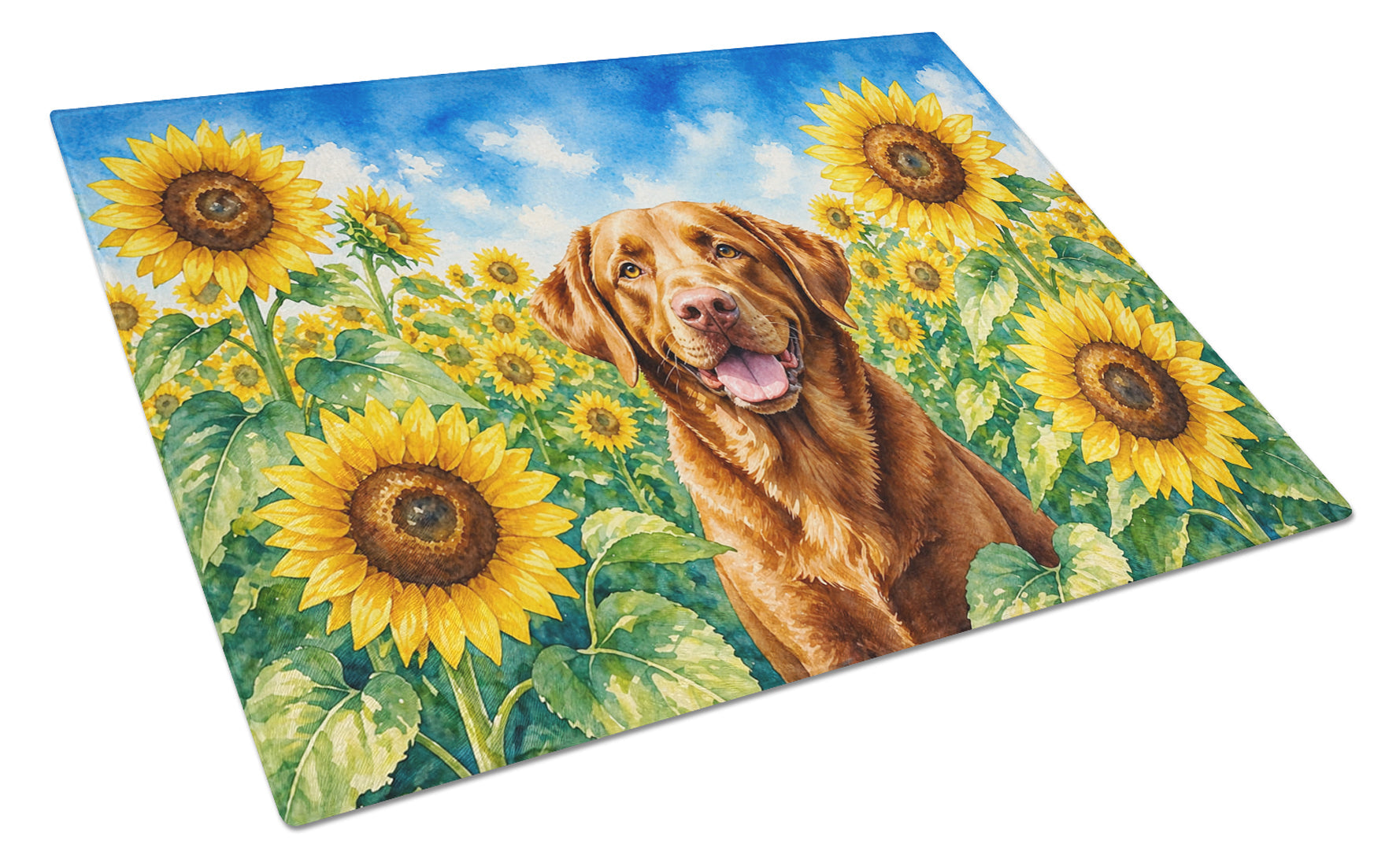 Chesapeake Bay Retriever in Sunflowers Cutting Board Tempered Glass Kitchen Cutting Surface, Heat Resistant Chopping Board with Non-Slip Feet, Decorative Food Prep & Serving