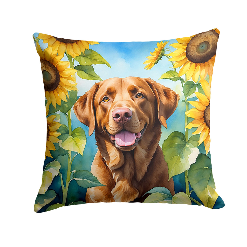 Chesapeake Bay Retriever in Sunflowers Decorative Throw Pillow 14x14 Indoor Outdoor Accent Cushion, Fabric Cover with Insert for Sofa, Bed, Porch & Living Room