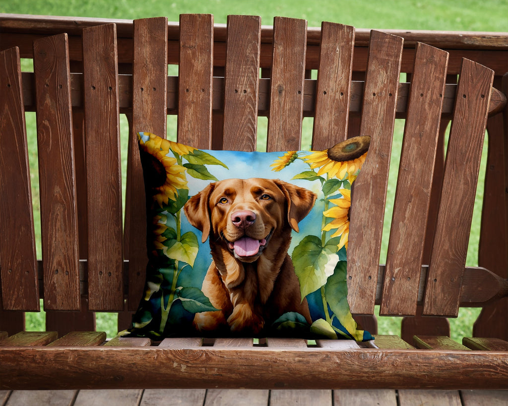 Chesapeake Bay Retriever in Sunflowers Decorative Throw Pillow 14x14 Indoor Outdoor Accent Cushion, Fabric Cover with Insert for Sofa, Bed, Porch & Living Room