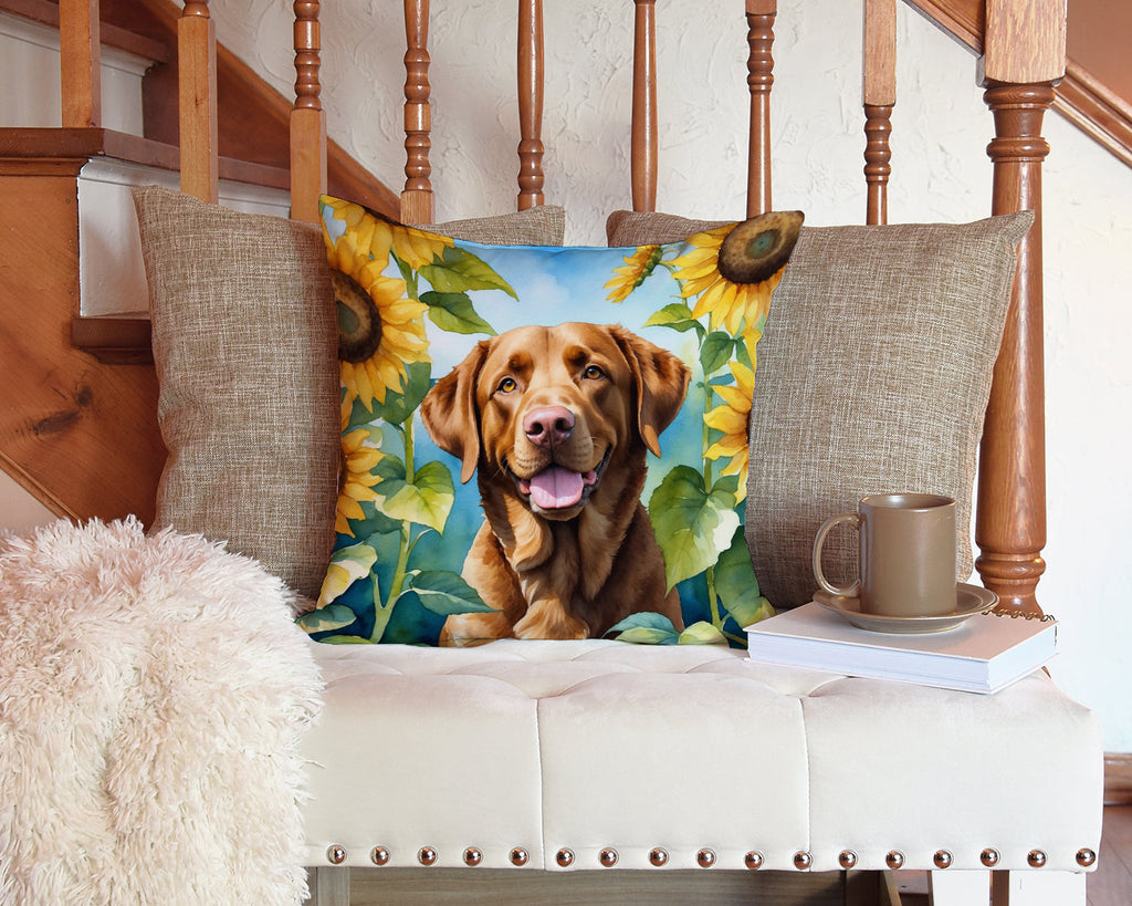 Chesapeake Bay Retriever in Sunflowers Decorative Throw Pillow 14x14 Indoor Outdoor Accent Cushion, Fabric Cover with Insert for Sofa, Bed, Porch & Living Room