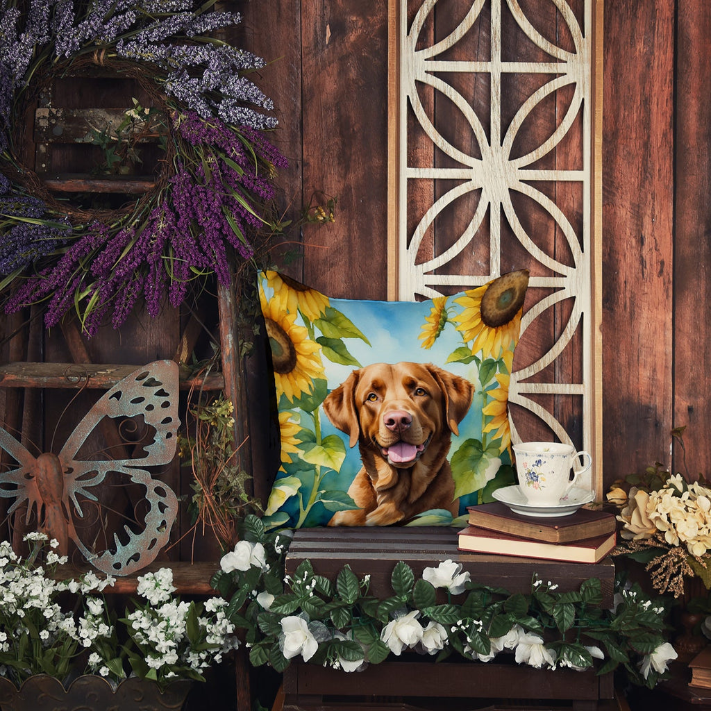 Chesapeake Bay Retriever in Sunflowers Decorative Throw Pillow 14x14 Indoor Outdoor Accent Cushion, Fabric Cover with Insert for Sofa, Bed, Porch & Living Room