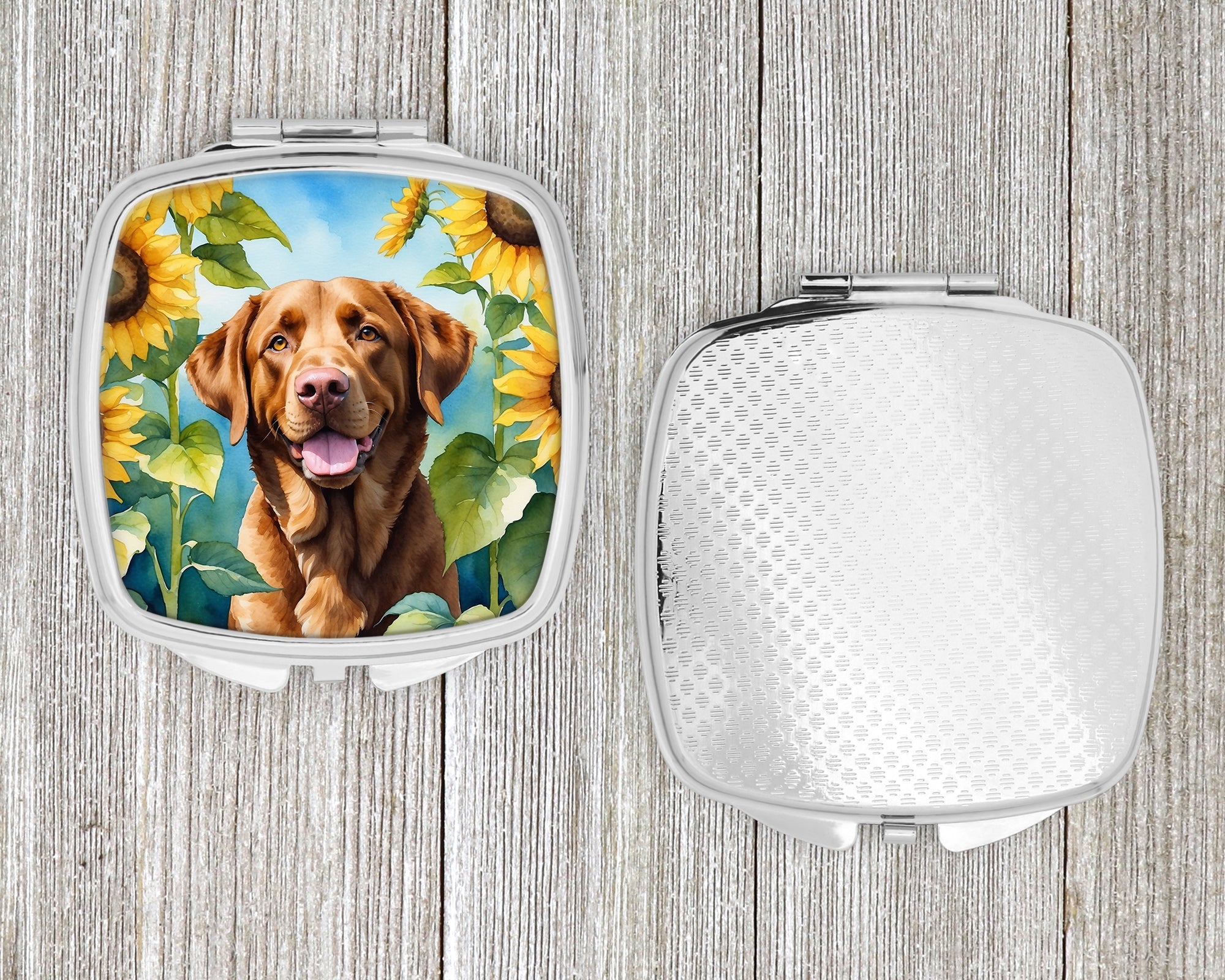 Chesapeake Bay Retriever in Sunflowers Compact Mirror Decorative Travel Makeup Mirror for Women Girls Gifts Pocket Makeup Mirror Folding Handheld