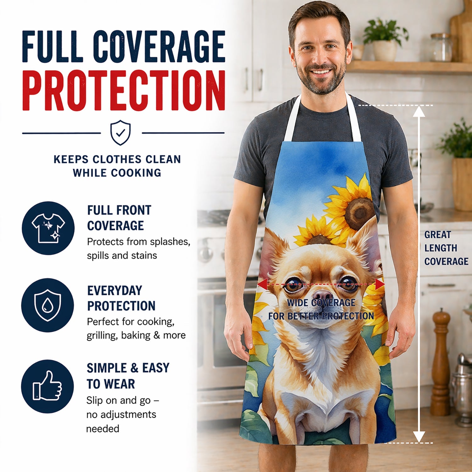 Chihuahua in Sunflowers Apron Cooking Kitchen Server Baking Crafts Gardening for Adult Women Men, Unisex, Large, Multicolor