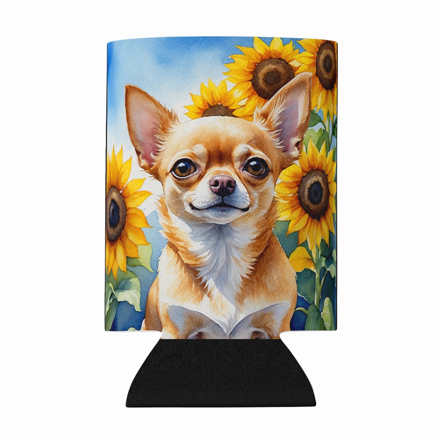 Chihuahua in Sunflowers Can or Bottle Hugger Cooler Sleeve for Standard 12 oz Cans, Insulated Foam Beer & Soda Can Hugger Reusable