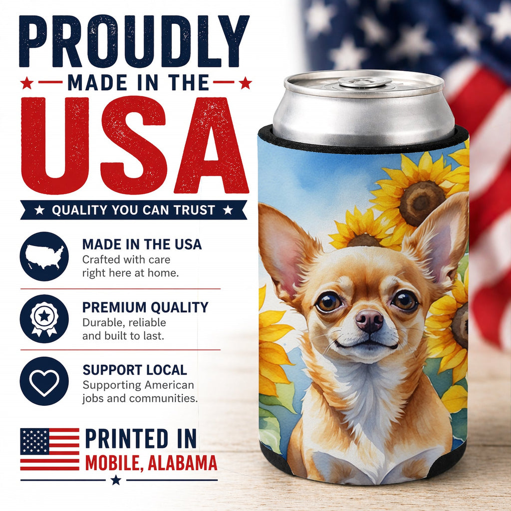Chihuahua in Sunflowers Can or Bottle Hugger Cooler Sleeve for Standard 12 oz Cans, Insulated Foam Beer & Soda Can Hugger Reusable