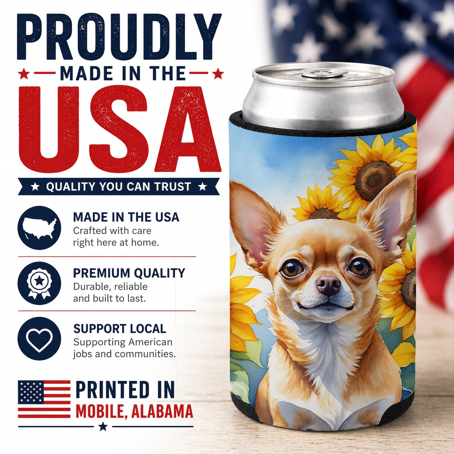 Chihuahua in Sunflowers Can or Bottle Hugger Cooler Sleeve for Standard 12 oz Cans, Insulated Foam Beer & Soda Can Hugger Reusable