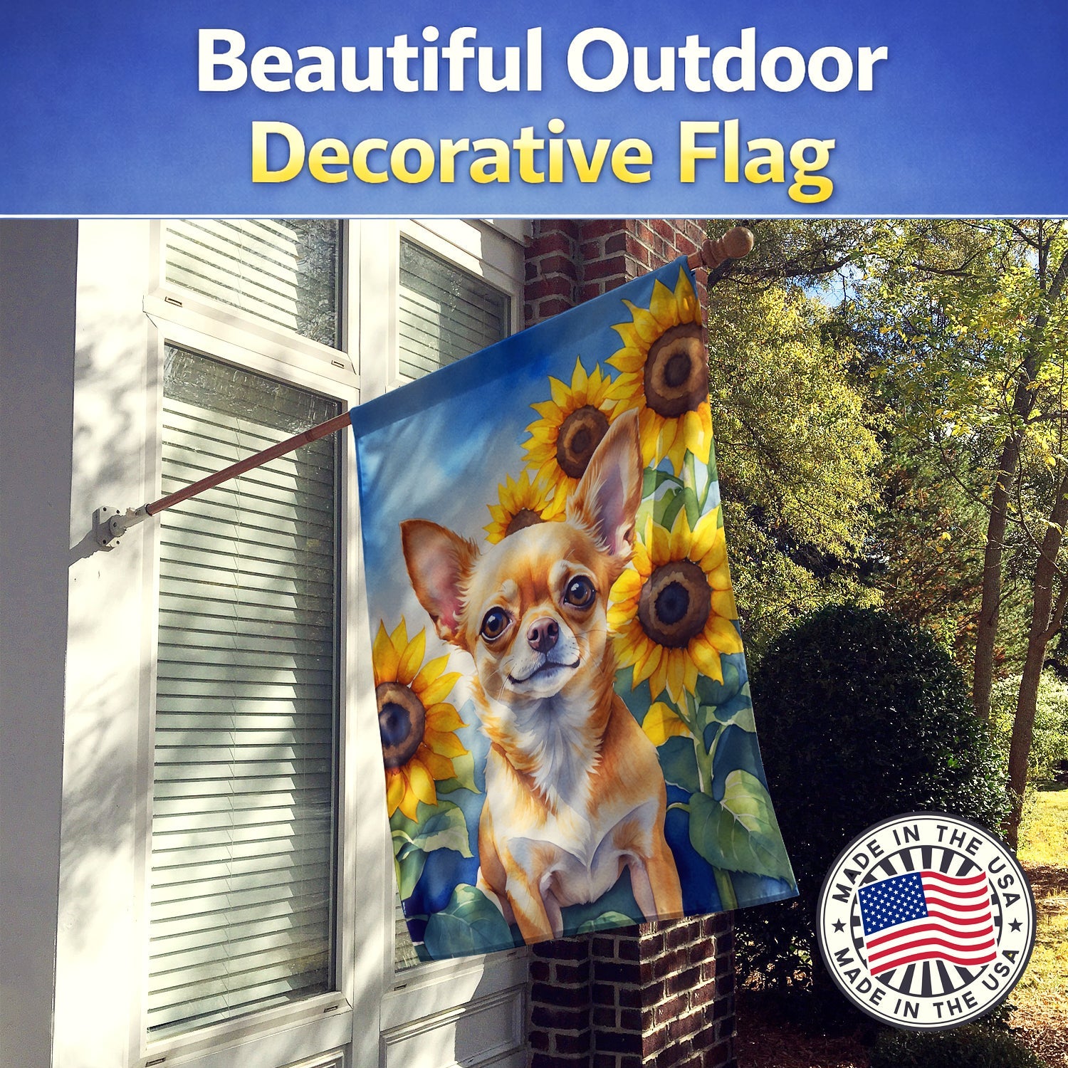 Chihuahua in Sunflowers House Flag 28x40 Porch Sleeve Pole Decorative Outside Yard Banner Artwork Wall Hanging, Polyester