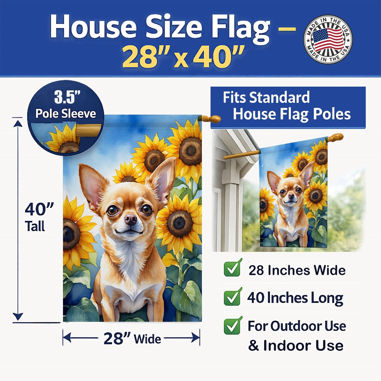 Chihuahua in Sunflowers House Flag 28x40 Porch Sleeve Pole Decorative Outside Yard Banner Artwork Wall Hanging, Polyester