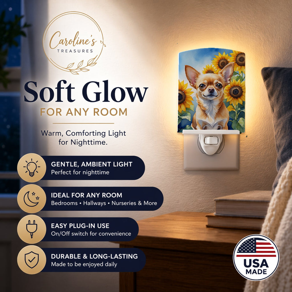 Chihuahua in Sunflowers Ceramic Night Light Compact, UL-Certified, Ideal for Bedroom, Bathroom, Nursery, Hallway, Kitchen, 6x4x3, Multicolor