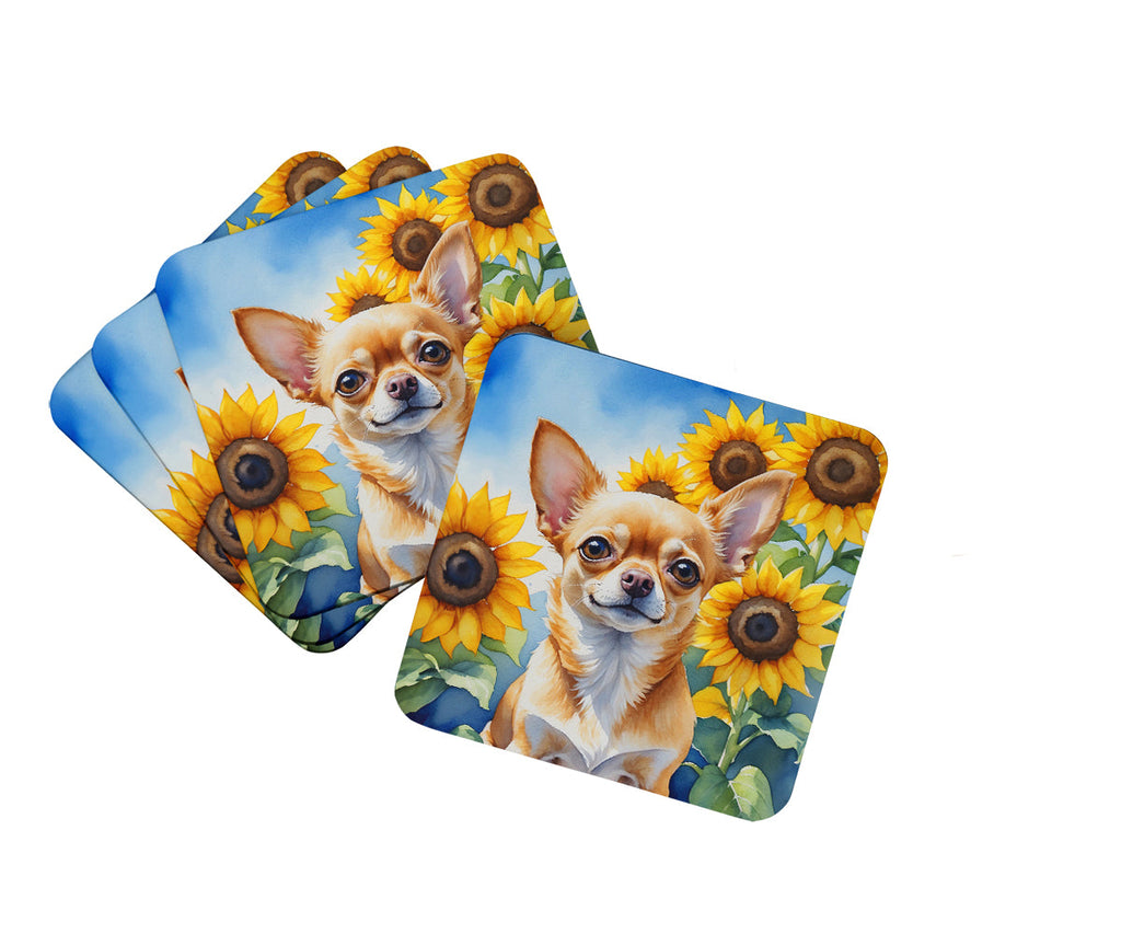 Chihuahua in Sunflowers Foam Coasters Set of 4 Cup Coasters for Indoor Outdoor, Tabletop Protection, Anti Slip, Mouse pad Material