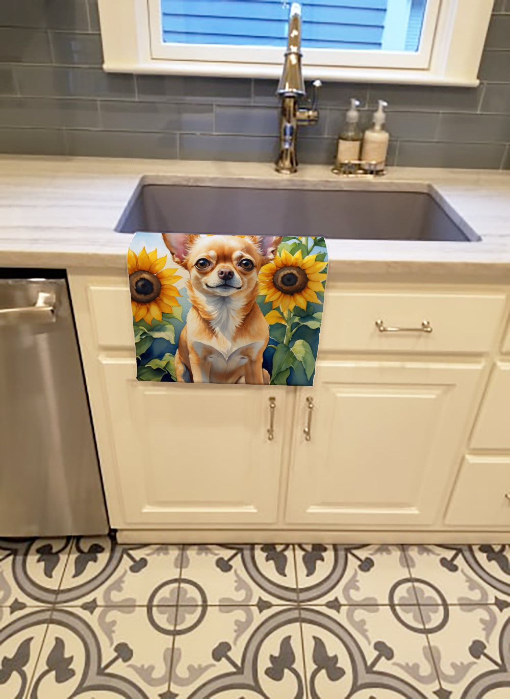 Chihuahua in Sunflowers Kitchen Towel Velour Plush Front and Cotton Loop Back Machine Washable