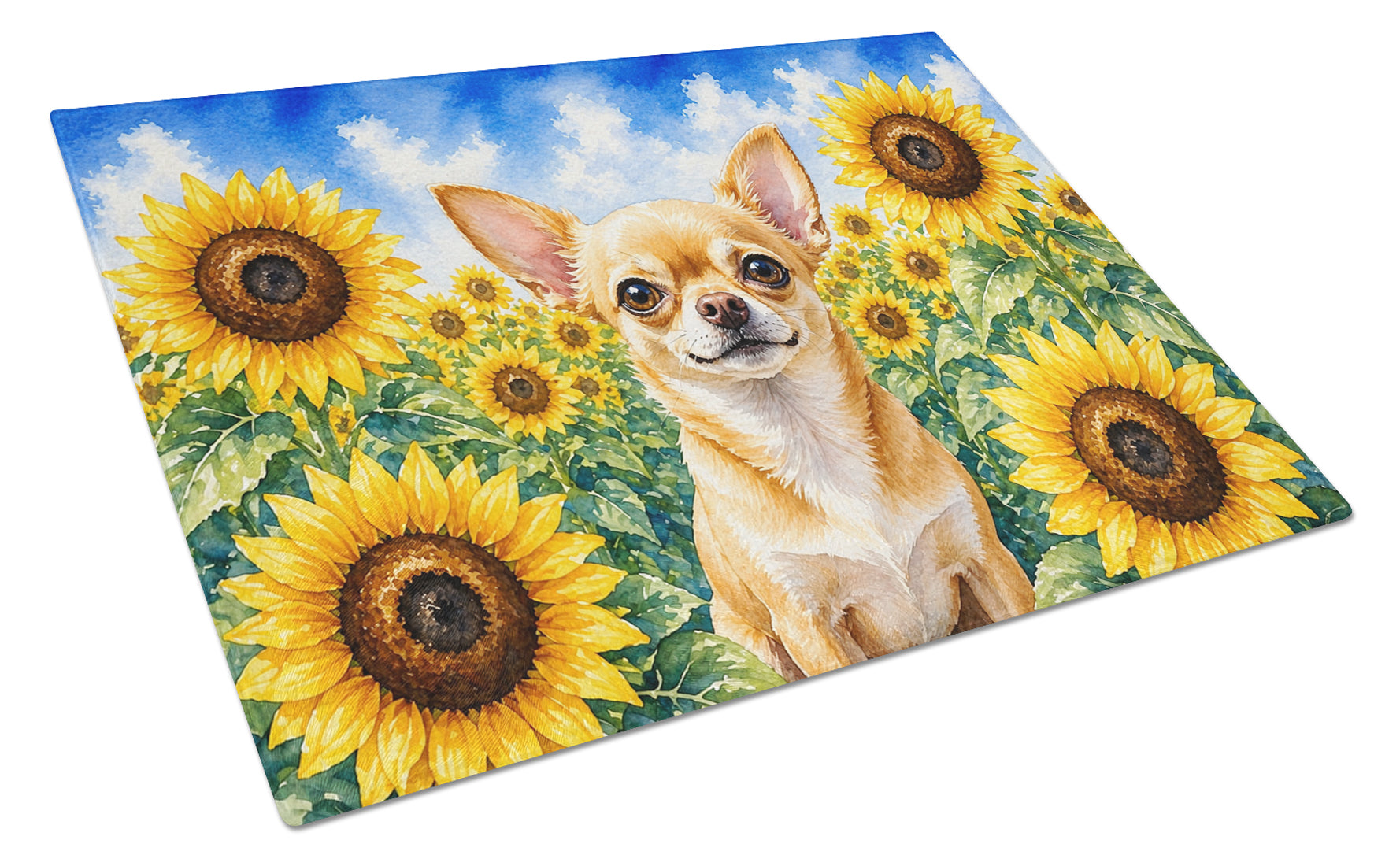 Chihuahua in Sunflowers Cutting Board Tempered Glass Kitchen Cutting Surface, Heat Resistant Chopping Board with Non-Slip Feet, Decorative Food Prep & Serving