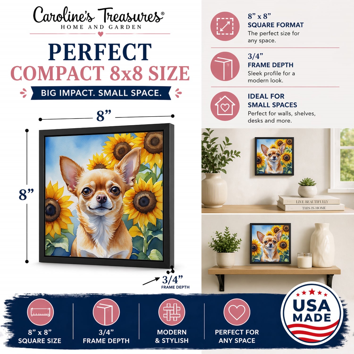 Chihuahua in Sunflowers Framed Metal Print Bathroom, Kitchen, Office, Home Decor Wall Art Ready to Hang, Square, 8X8