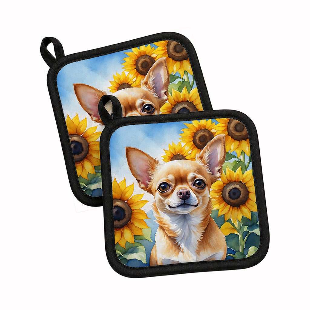 Chihuahua in Sunflowers Pot Holder Set of 2 Heat Resistant Quilted Hot Pads 7.5 x 7.5 Inch, Insulated Kitchen Trivets for Cooking & Baking