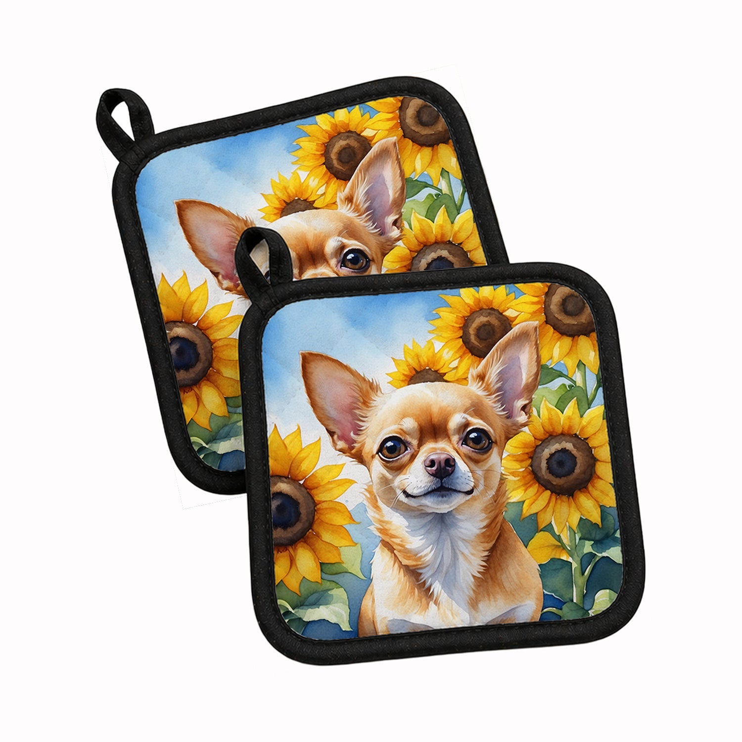 Chihuahua in Sunflowers Pot Holder Set of 2 Heat Resistant Quilted Hot Pads 7.5 x 7.5 Inch, Insulated Kitchen Trivets for Cooking & Baking