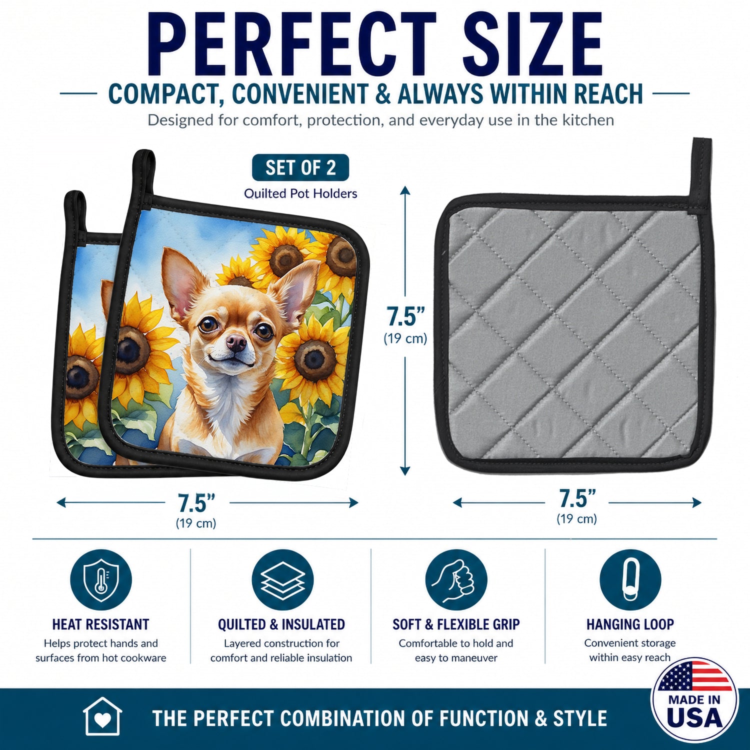 Chihuahua in Sunflowers Pot Holder Set of 2 Heat Resistant Quilted Hot Pads 7.5 x 7.5 Inch, Insulated Kitchen Trivets for Cooking & Baking