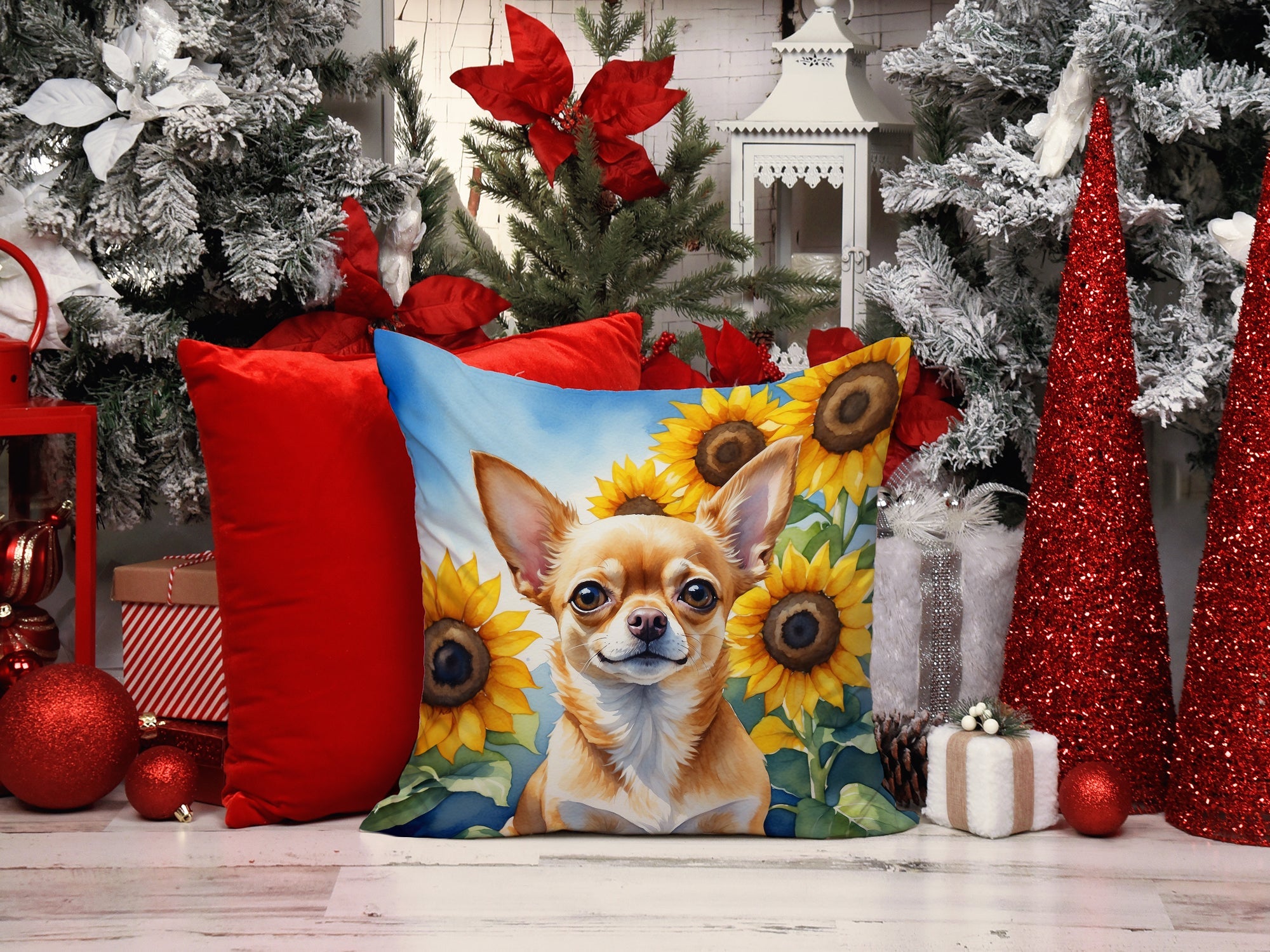Chihuahua in Sunflowers Decorative Throw Pillow 14x14 Indoor Outdoor Accent Cushion, Fabric Cover with Insert for Sofa, Bed, Porch & Living Room