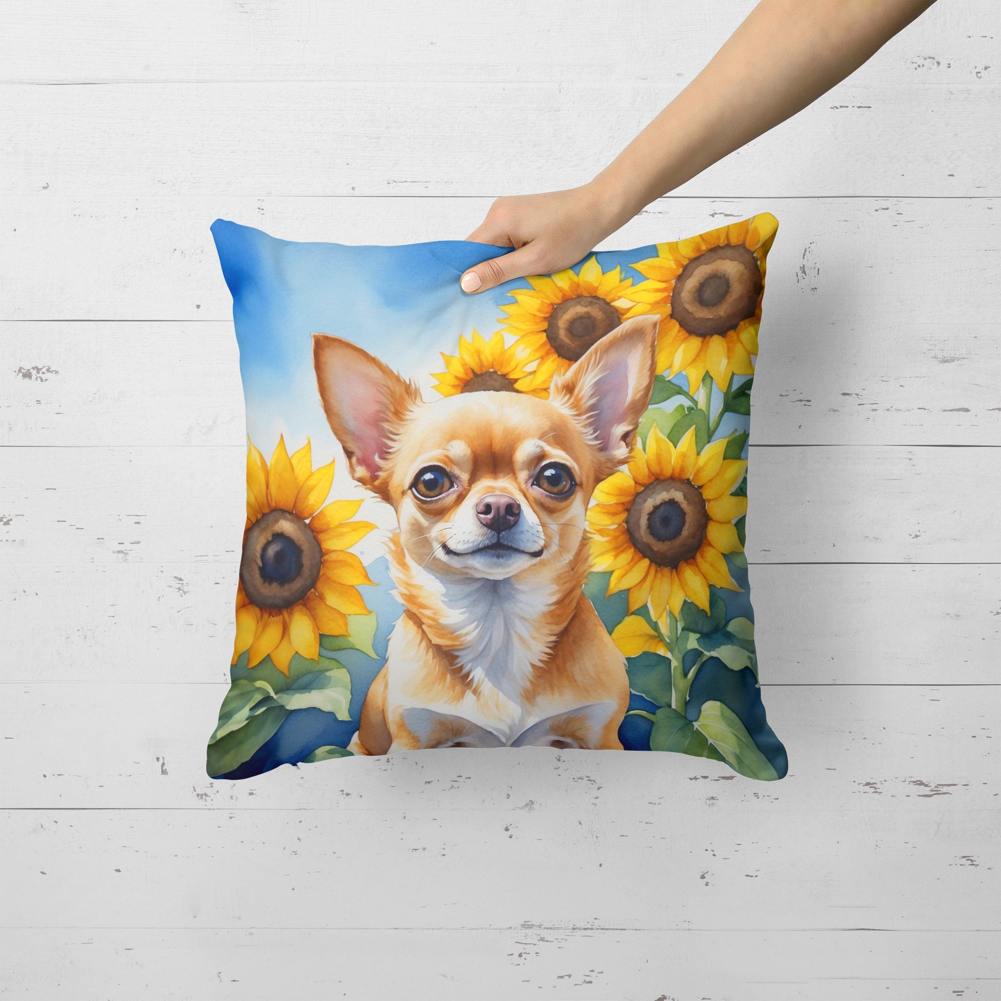 Chihuahua in Sunflowers Decorative Throw Pillow 18x18 Indoor Outdoor Accent Cushion, Fabric Cover with Insert for Sofa, Bed, Porch & Living Room