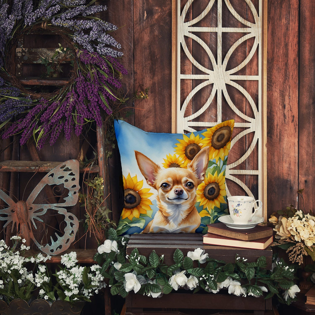 Chihuahua in Sunflowers Decorative Throw Pillow 18x18 Indoor Outdoor Accent Cushion, Fabric Cover with Insert for Sofa, Bed, Porch & Living Room