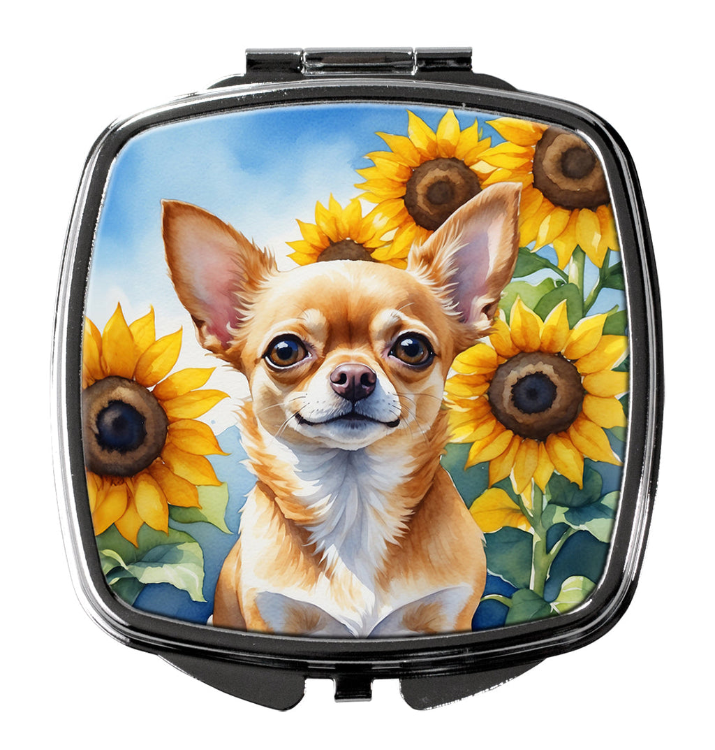 Chihuahua in Sunflowers Compact Mirror Decorative Travel Makeup Mirror for Women Girls Gifts Pocket Makeup Mirror Folding Handheld