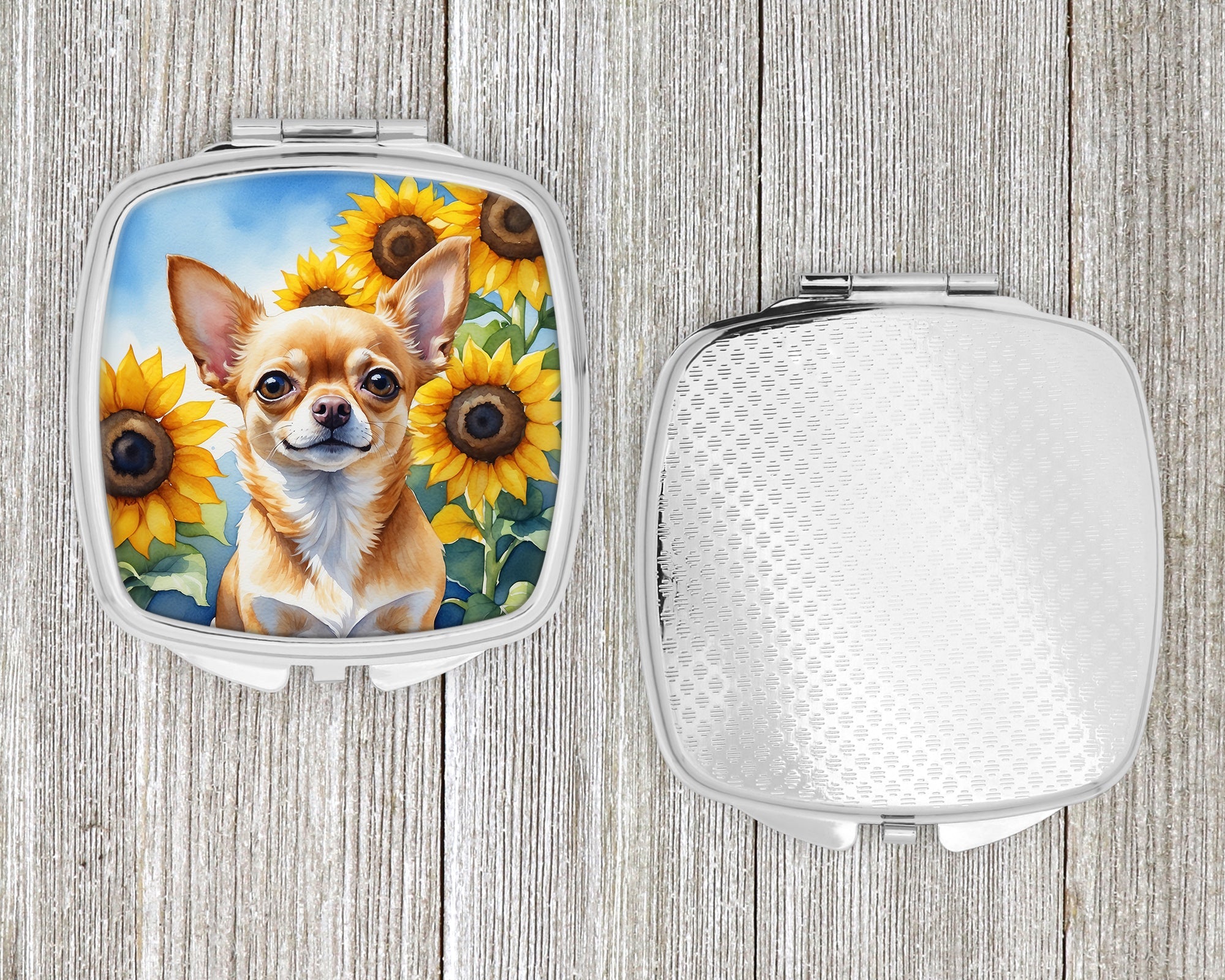 Chihuahua in Sunflowers Compact Mirror Decorative Travel Makeup Mirror for Women Girls Gifts Pocket Makeup Mirror Folding Handheld