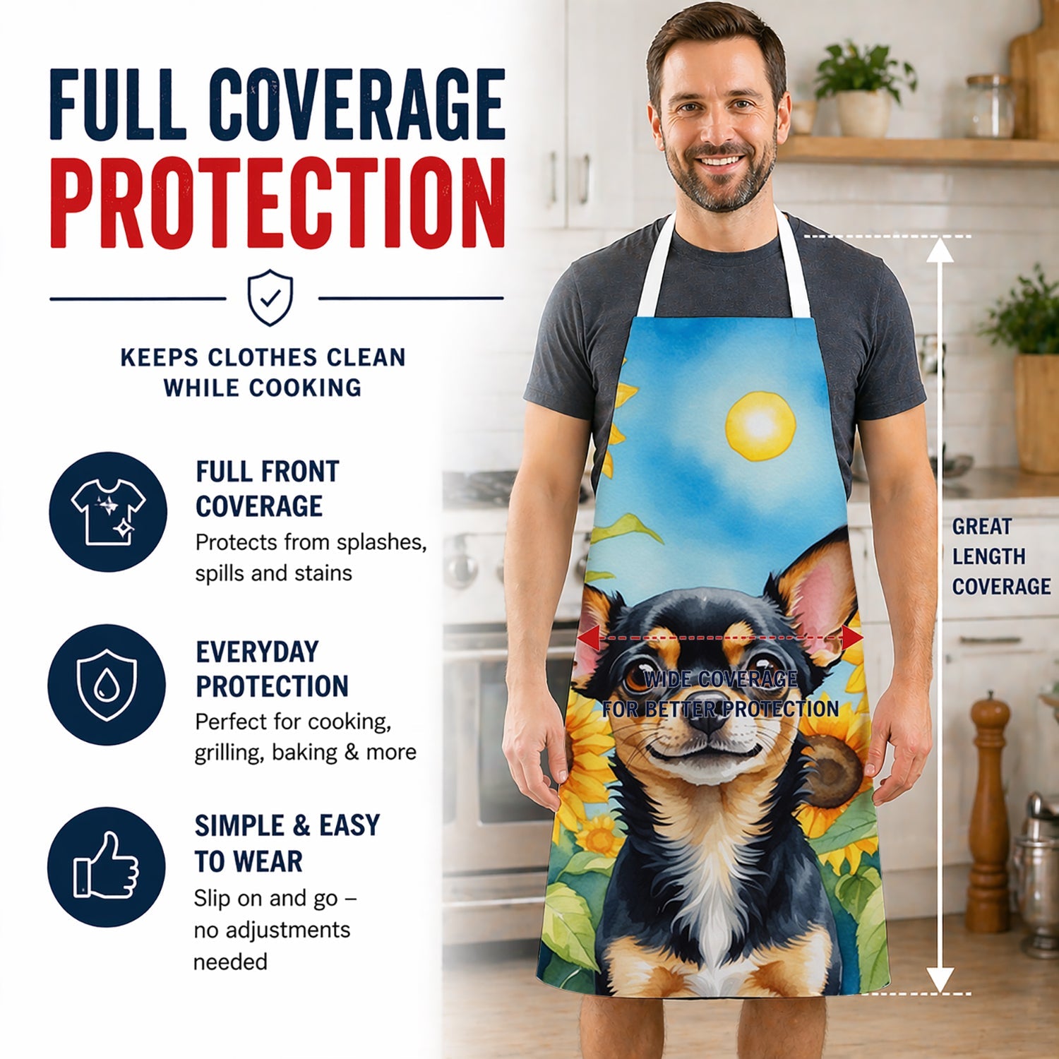 Chihuahua in Sunflowers Apron Cooking Kitchen Server Baking Crafts Gardening for Adult Women Men, Unisex, Large, Multicolor