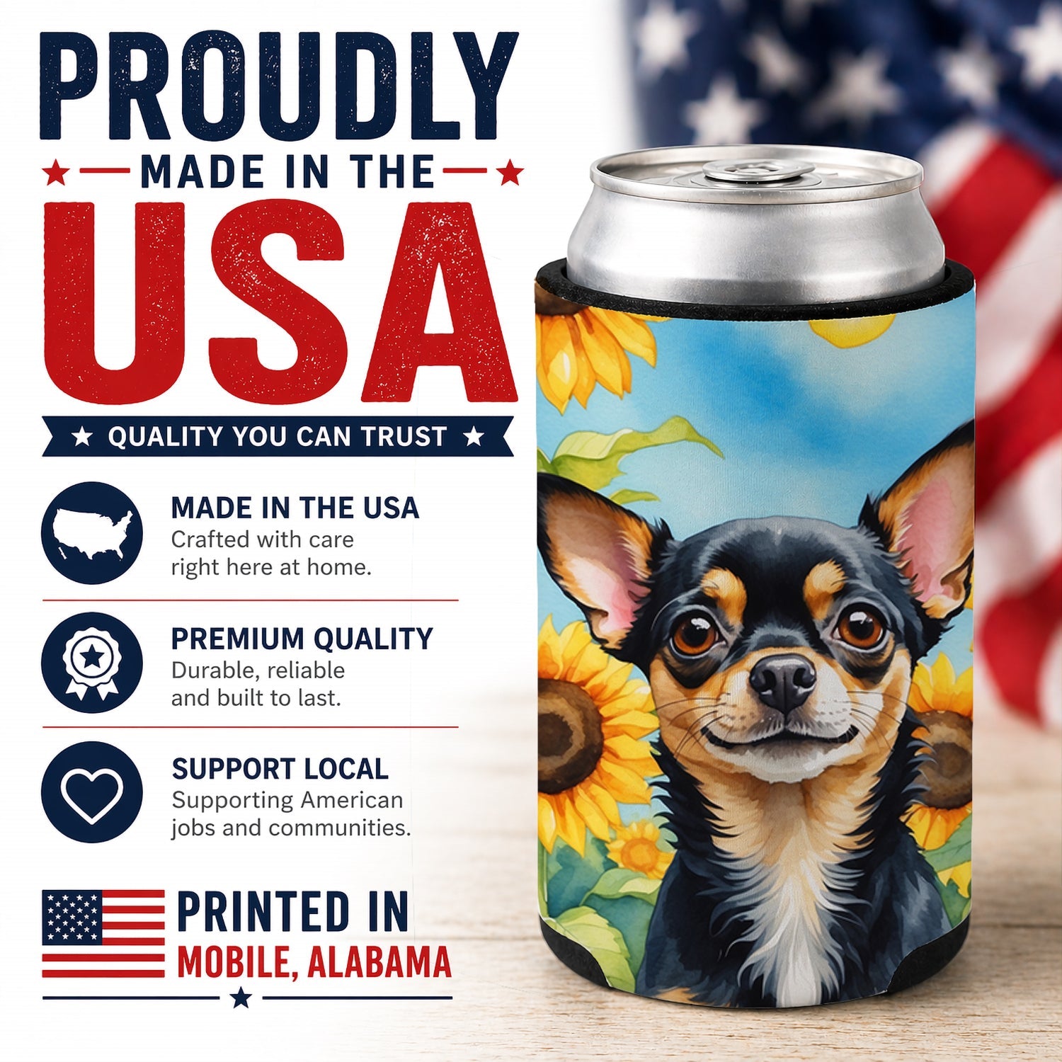 Chihuahua in Sunflowers Can or Bottle Hugger Cooler Sleeve for Standard 12 oz Cans, Insulated Foam Beer & Soda Can Hugger Reusable