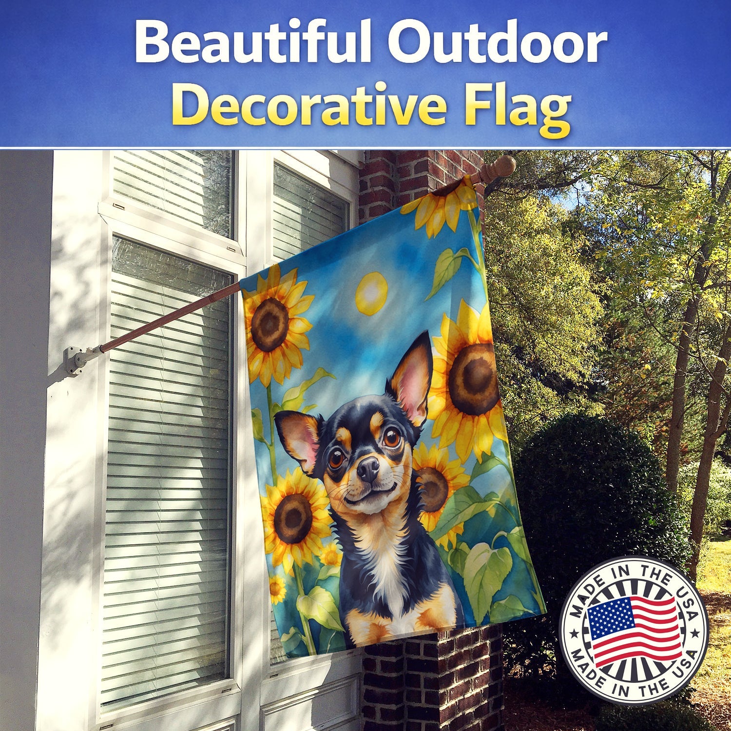 Chihuahua in Sunflowers House Flag 28x40 Porch Sleeve Pole Decorative Outside Yard Banner Artwork Wall Hanging, Polyester