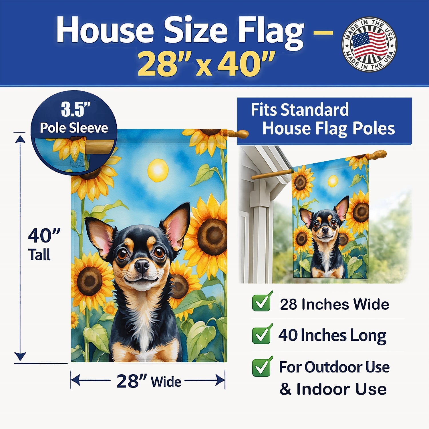 Chihuahua in Sunflowers House Flag 28x40 Porch Sleeve Pole Decorative Outside Yard Banner Artwork Wall Hanging, Polyester