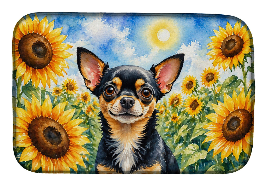 Chihuahua in Sunflowers Dish Drying Mat Absorbent Dish Drying Mat Pad for Kitchen Counter Dish Drainer Mat for Countertop, 14 x 21", Multicolor