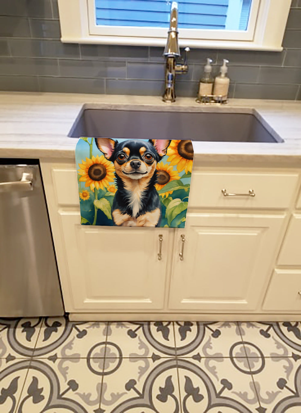 Chihuahua in Sunflowers Kitchen Towel Velour Plush Front and Cotton Loop Back Machine Washable