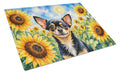 Chihuahua in Sunflowers Cutting Board Tempered Glass Kitchen Cutting Surface, Heat Resistant Chopping Board with Non-Slip Feet, Decorative Food Prep & Serving