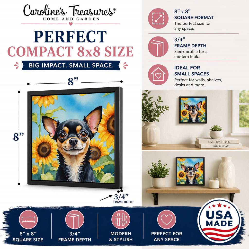 Chihuahua in Sunflowers Framed Metal Print Bathroom, Kitchen, Office, Home Decor Wall Art Ready to Hang, Square, 8X8