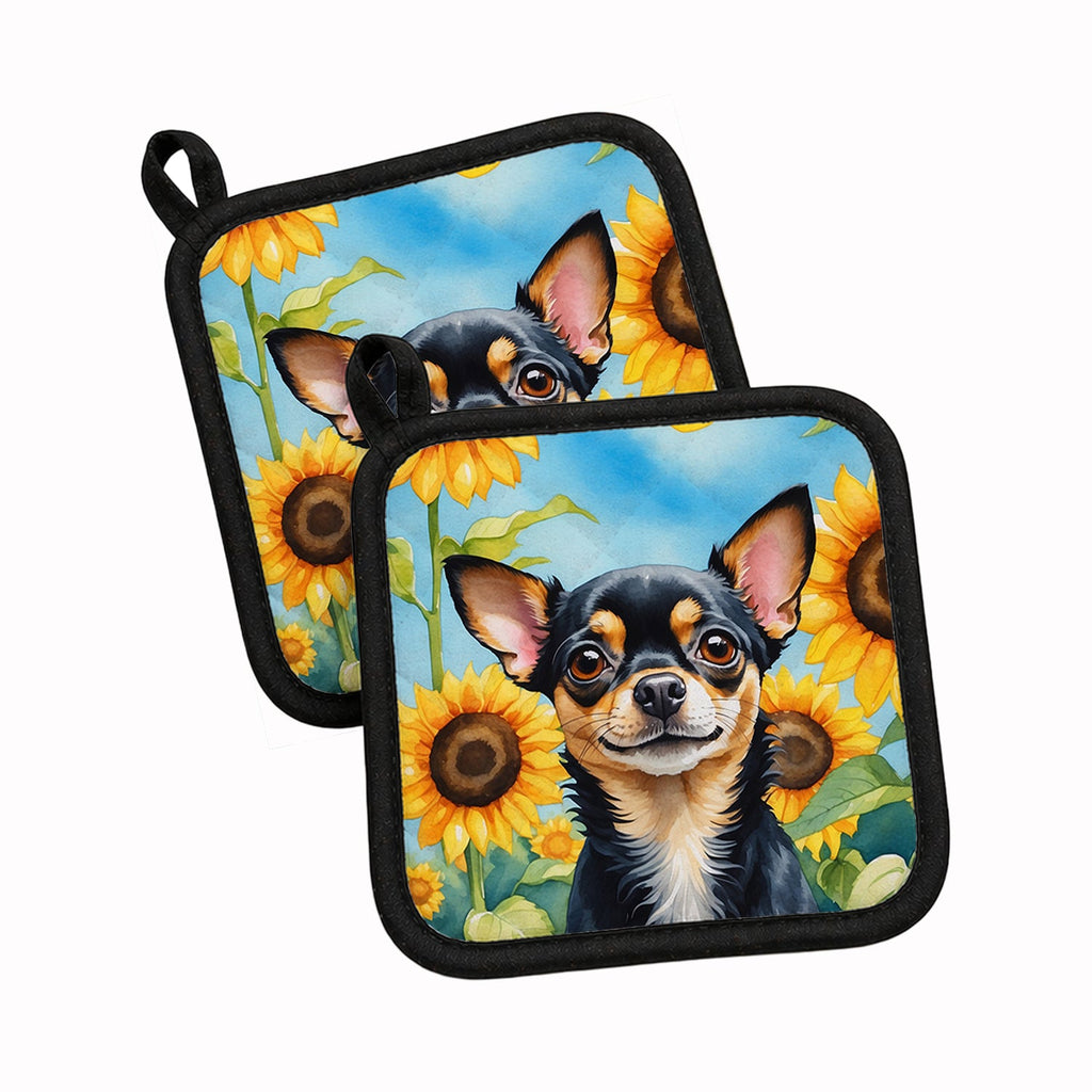 Chihuahua in Sunflowers Pot Holder Set of 2 Heat Resistant Quilted Hot Pads 7.5 x 7.5 Inch, Insulated Kitchen Trivets for Cooking & Baking