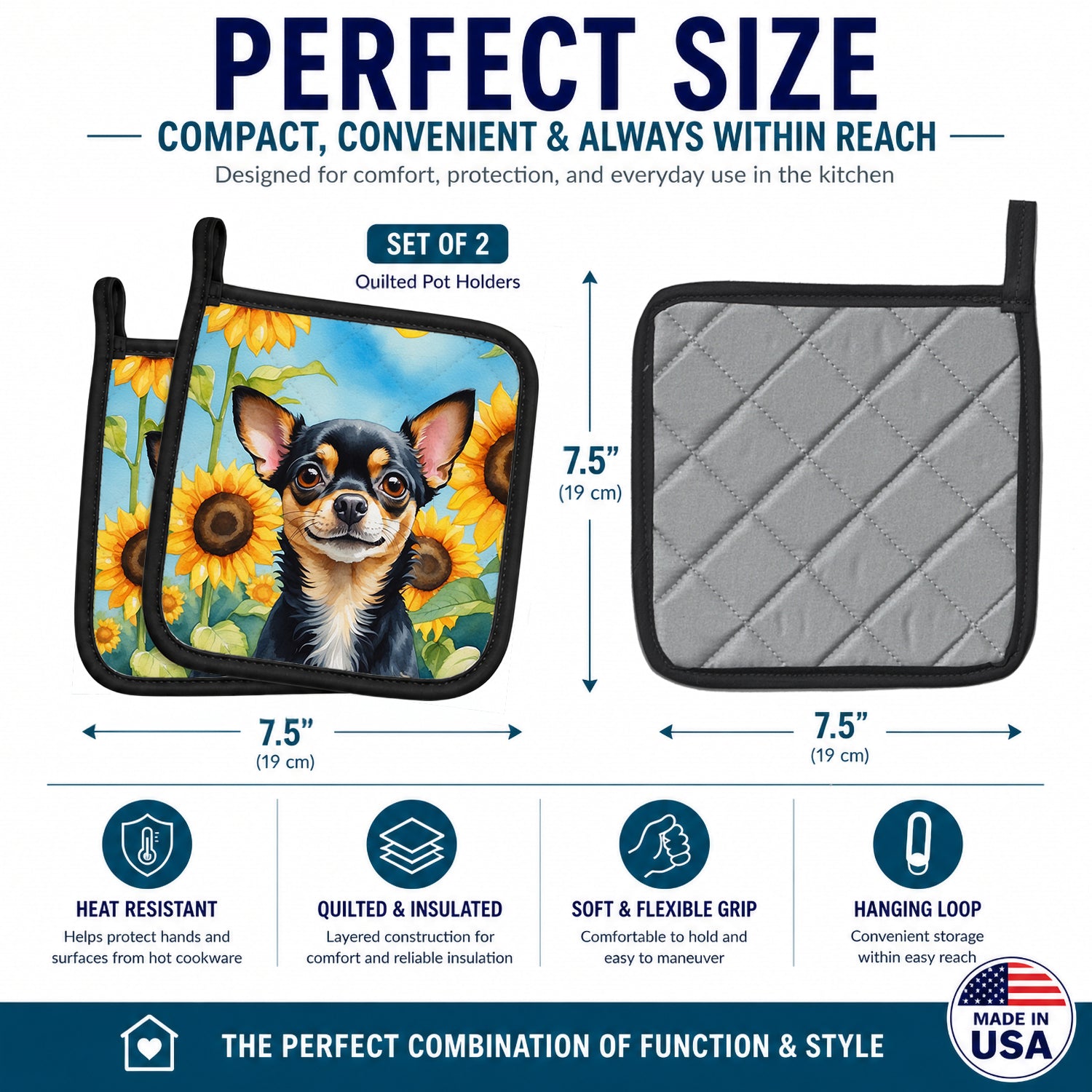Chihuahua in Sunflowers Pot Holder Set of 2 Heat Resistant Quilted Hot Pads 7.5 x 7.5 Inch, Insulated Kitchen Trivets for Cooking & Baking