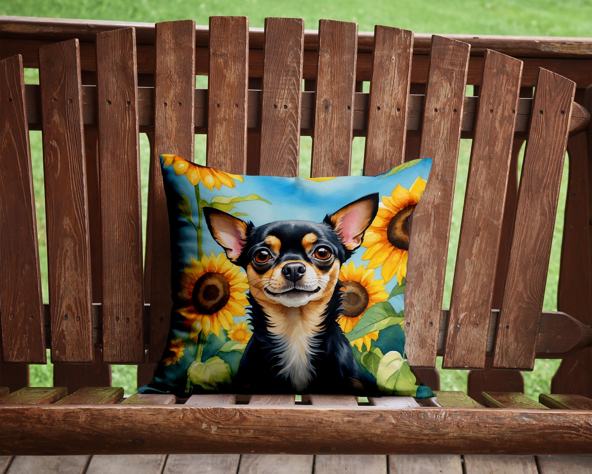 Chihuahua in Sunflowers Decorative Throw Pillow 14x14 Indoor Outdoor Accent Cushion, Fabric Cover with Insert for Sofa, Bed, Porch & Living Room