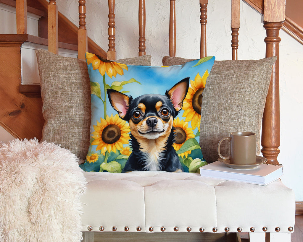 Chihuahua in Sunflowers Decorative Throw Pillow 14x14 Indoor Outdoor Accent Cushion, Fabric Cover with Insert for Sofa, Bed, Porch & Living Room