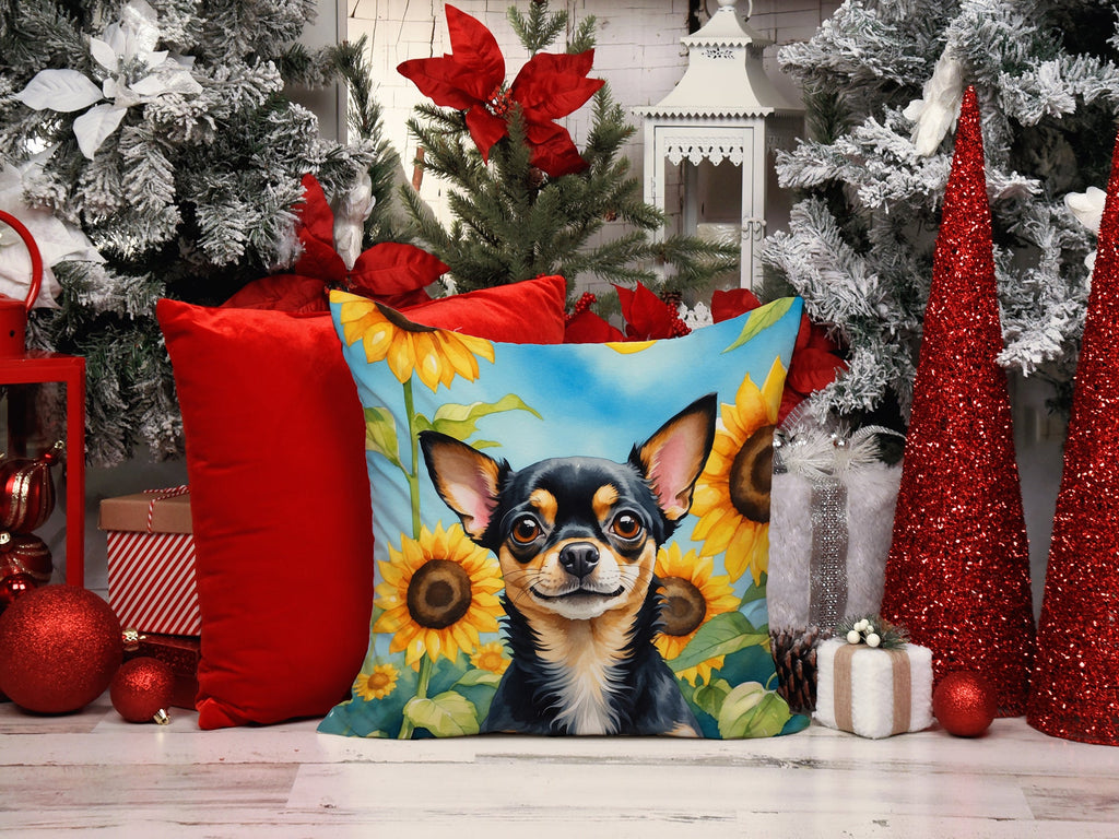 Chihuahua in Sunflowers Decorative Throw Pillow 14x14 Indoor Outdoor Accent Cushion, Fabric Cover with Insert for Sofa, Bed, Porch & Living Room