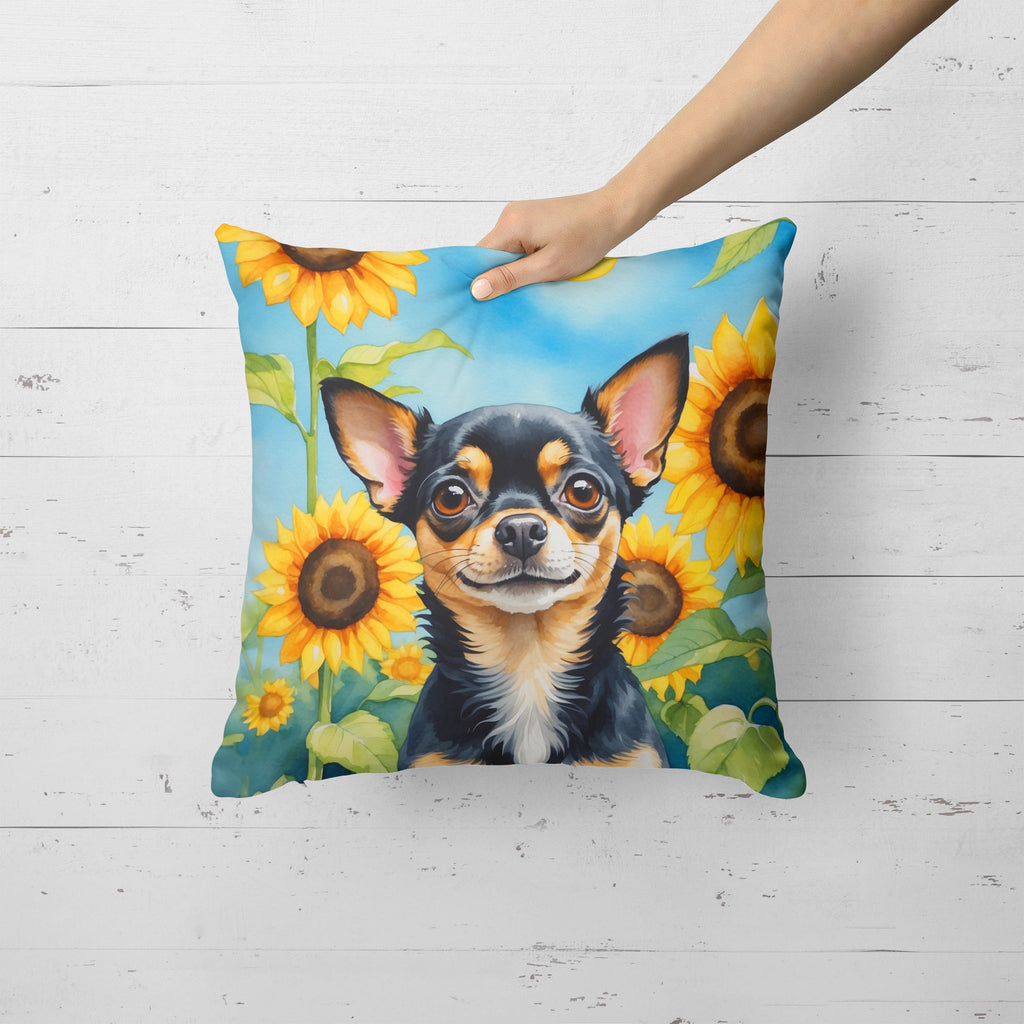 Chihuahua in Sunflowers Decorative Throw Pillow 18x18 Indoor Outdoor Accent Cushion, Fabric Cover with Insert for Sofa, Bed, Porch & Living Room
