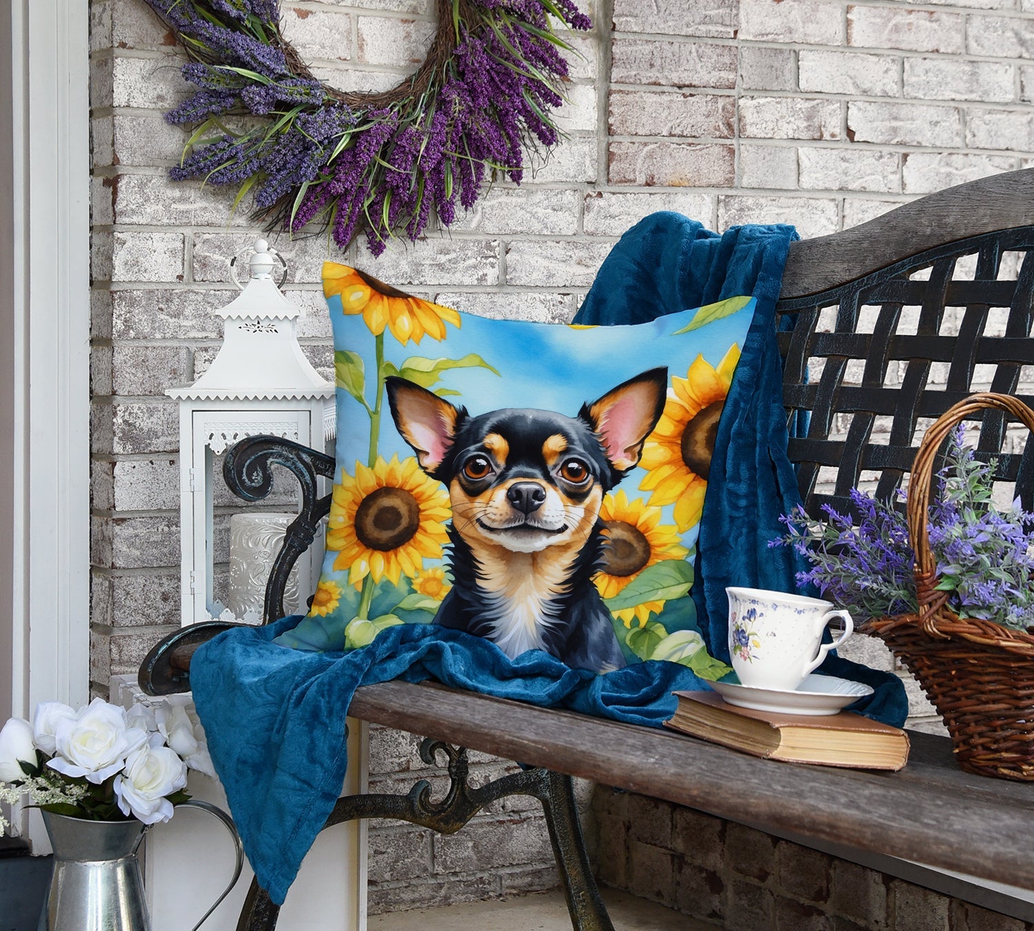 Chihuahua in Sunflowers Decorative Throw Pillow 18x18 Indoor Outdoor Accent Cushion, Fabric Cover with Insert for Sofa, Bed, Porch & Living Room