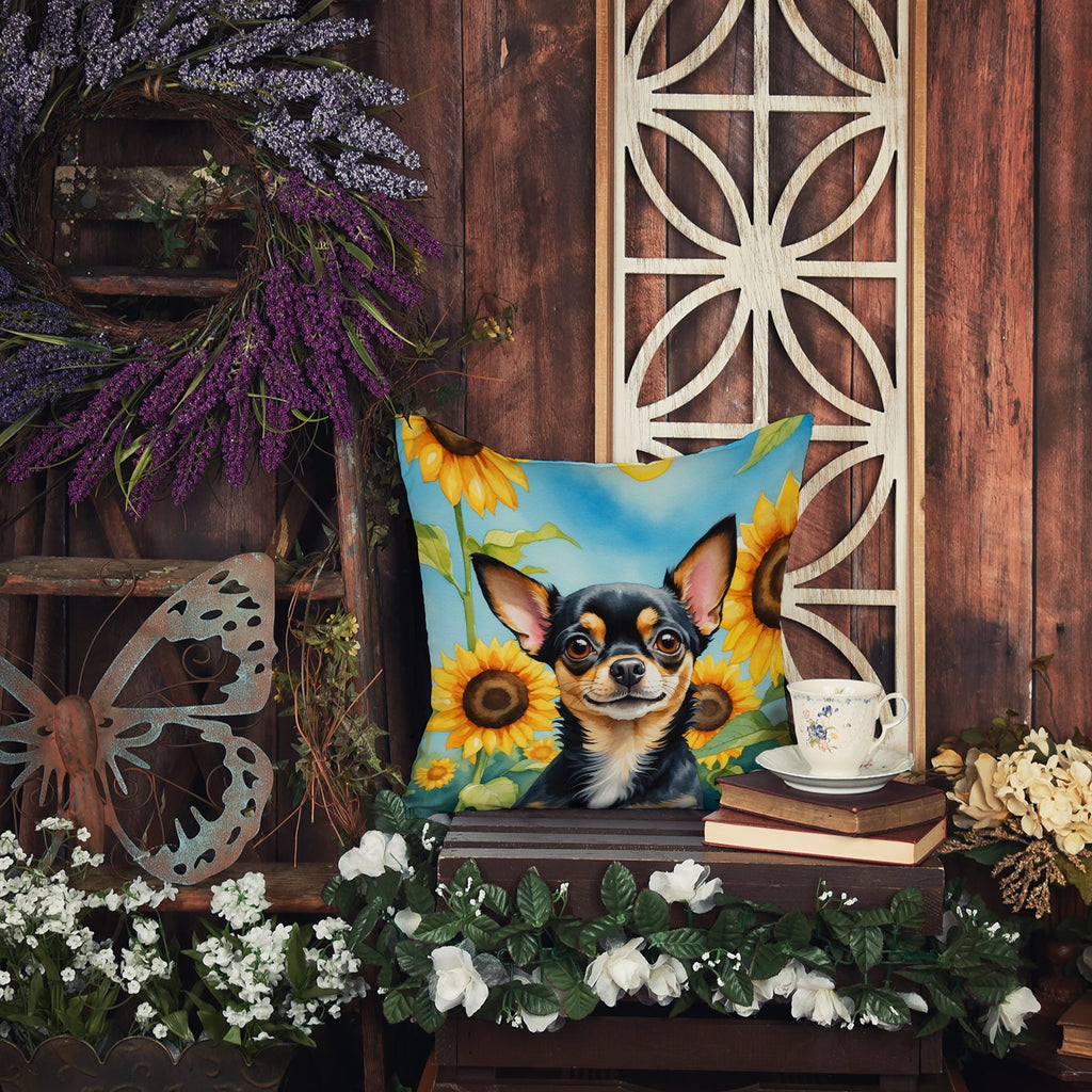 Chihuahua in Sunflowers Decorative Throw Pillow 18x18 Indoor Outdoor Accent Cushion, Fabric Cover with Insert for Sofa, Bed, Porch & Living Room