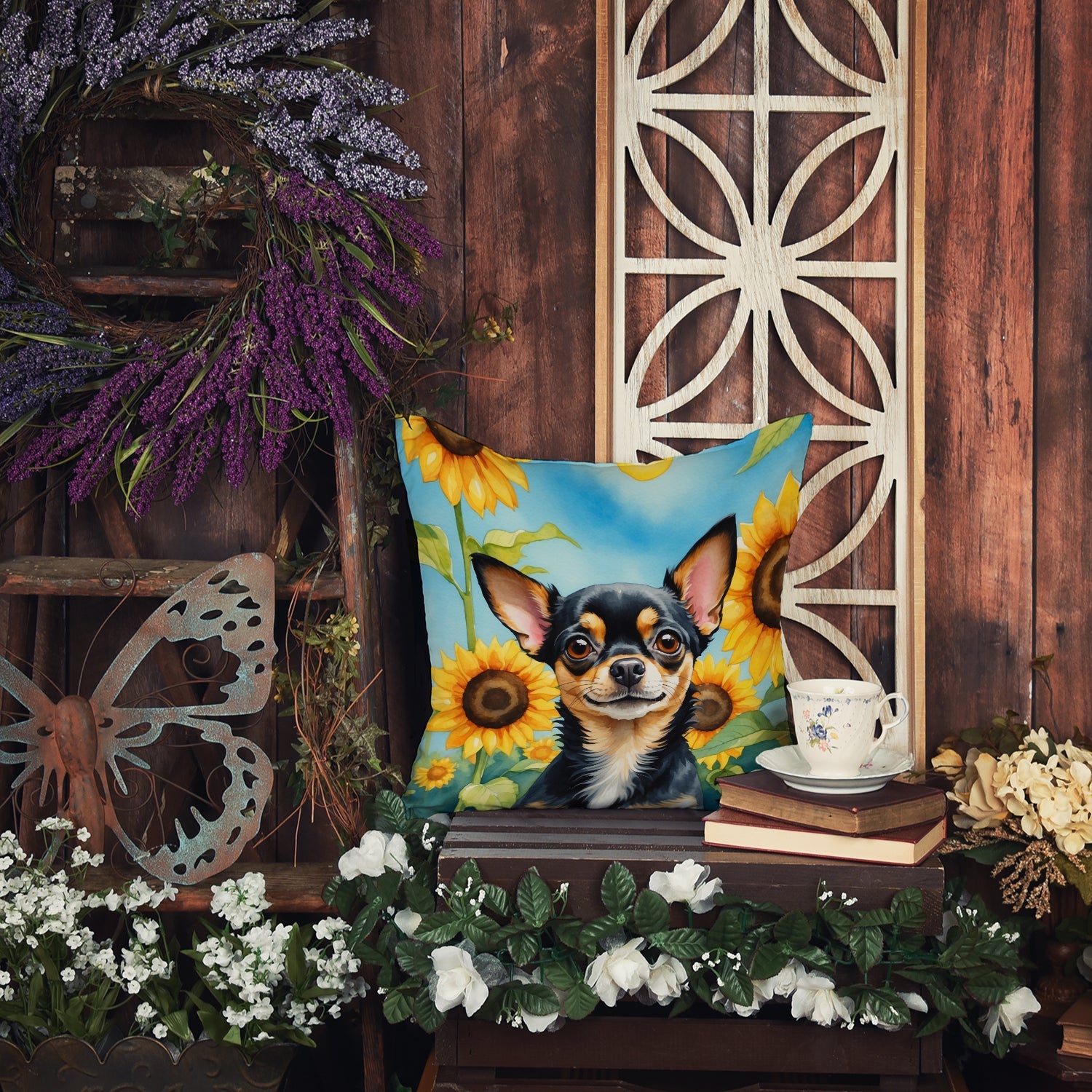 Chihuahua in Sunflowers Decorative Throw Pillow 18x18 Indoor Outdoor Accent Cushion, Fabric Cover with Insert for Sofa, Bed, Porch & Living Room