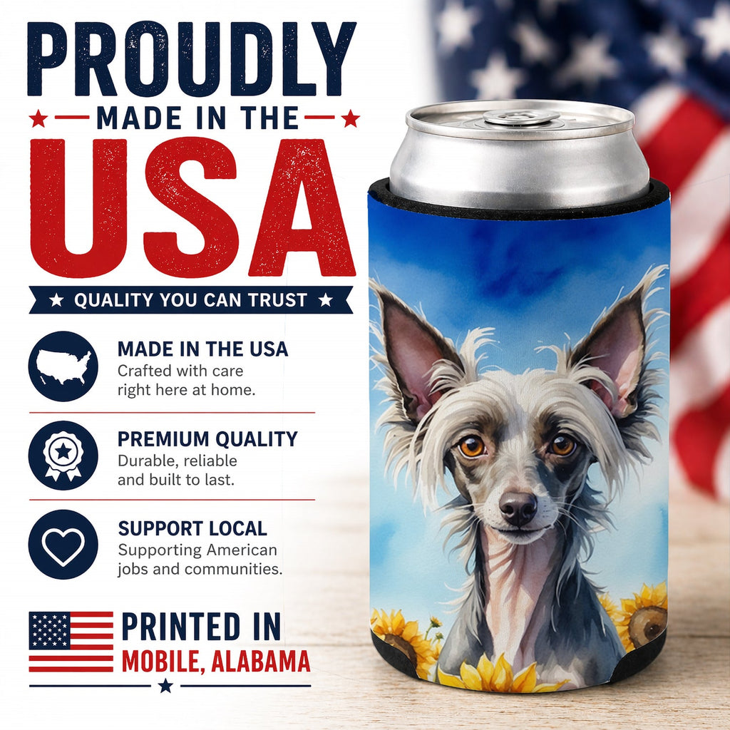 Chinese Crested in Sunflowers Can or Bottle Hugger Cooler Sleeve for Standard 12 oz Cans, Insulated Foam Beer & Soda Can Hugger Reusable
